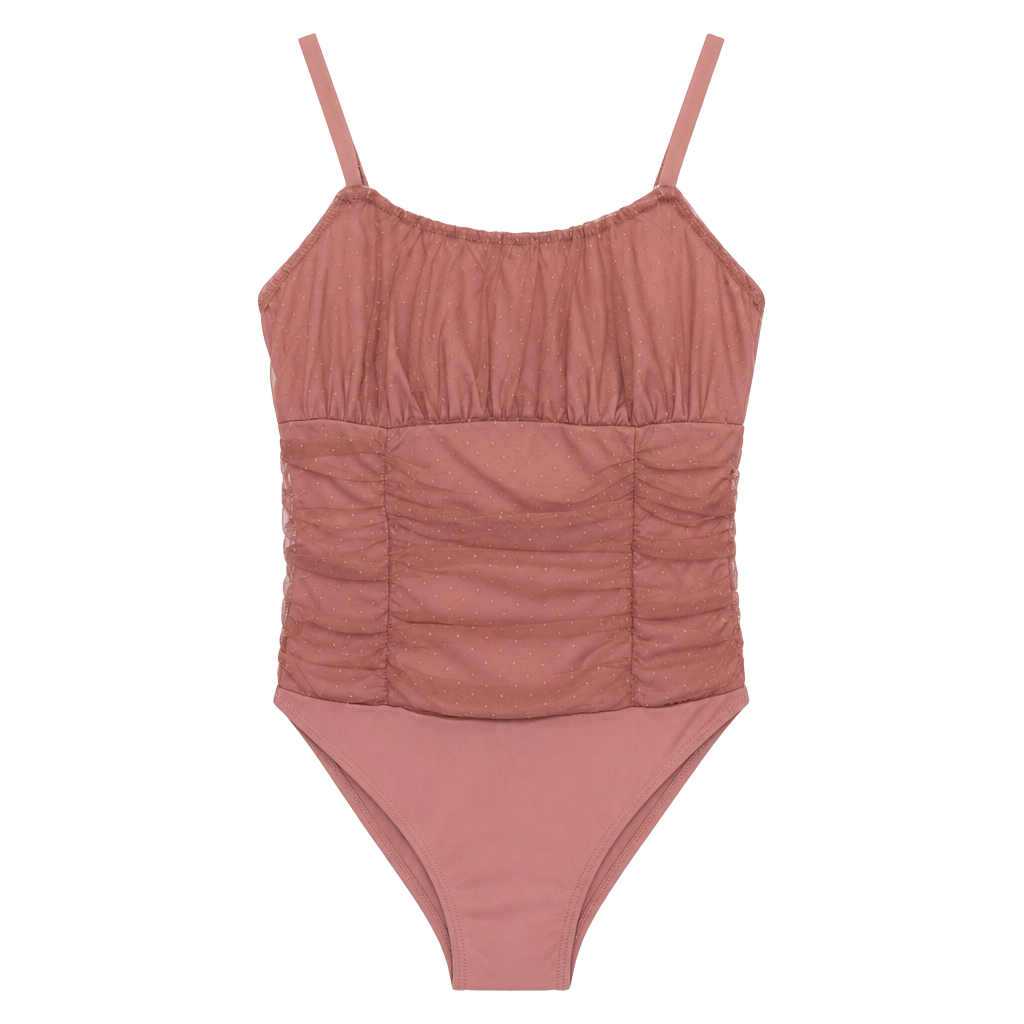 Dusty Rose Sheer Mesh Ruched Bodysuit Coquette Polka Dot Thong S ballerina 1