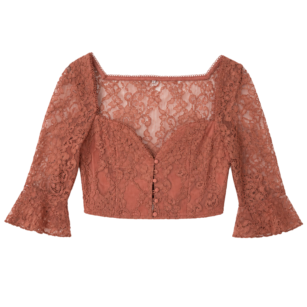 Dusty Rose Lace Crop Top Coquette Romantic Button Front Flared Sleeves Large Twee 1