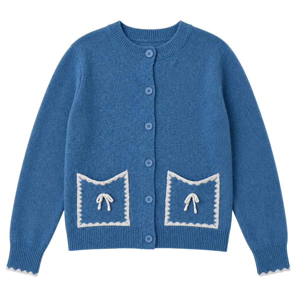 Grandma Blue Knit Cardigan Coquette Bow Pockets Scalloped Edges Prairie Cottagecore S 1
