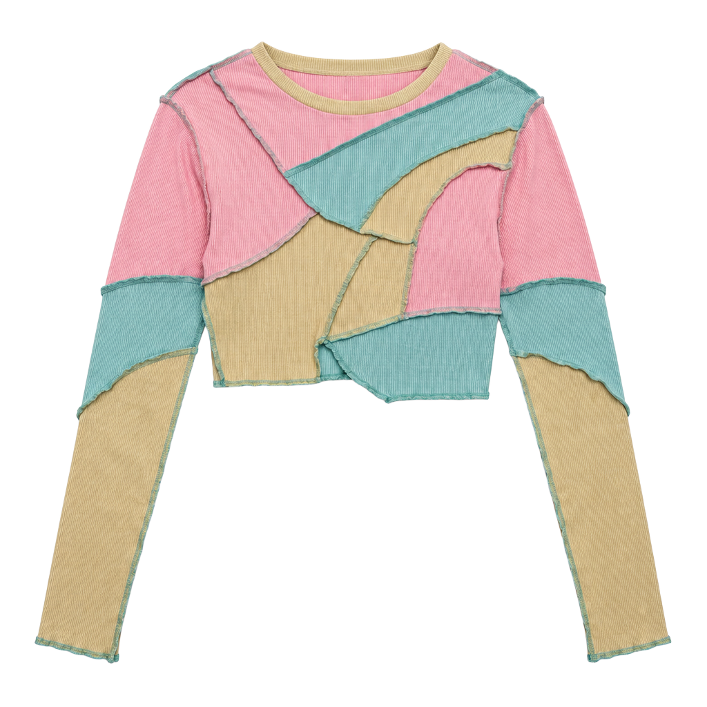 Shein Patchwork Crop Top Size S Long Sleeve Exposed Seam Patchwork Pastel Streerwear 1