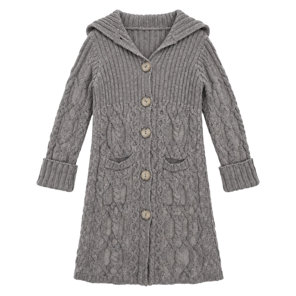Aran Crafts Cardigan 100% Merino Wool Chunky Size XS Lavender Gray Cable Knit Long Hooded Sweater 1