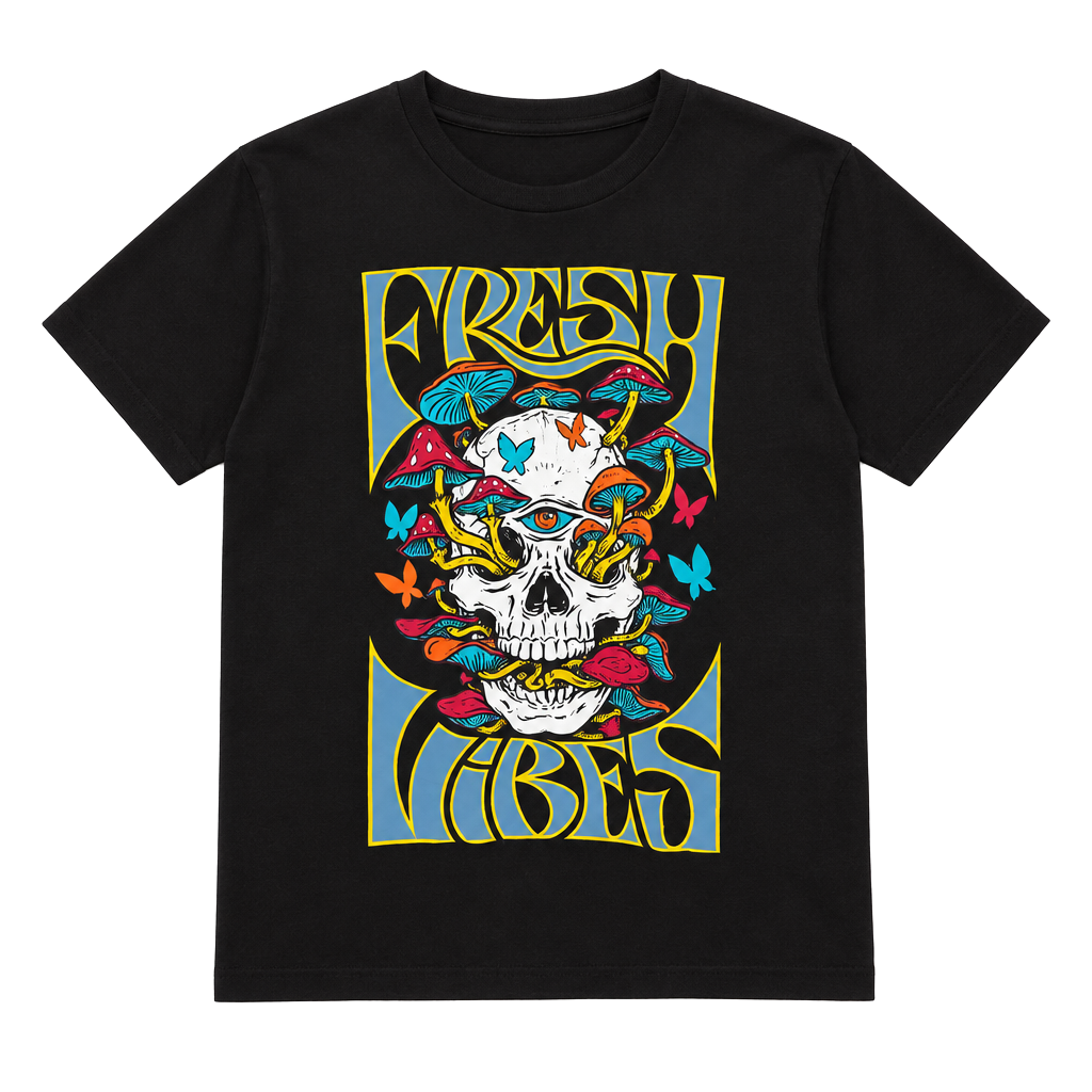 Fresh Vibes Skull Mushroom Graphic T-Shirt Size S Black Psychedelic Skater Skatergirl 1