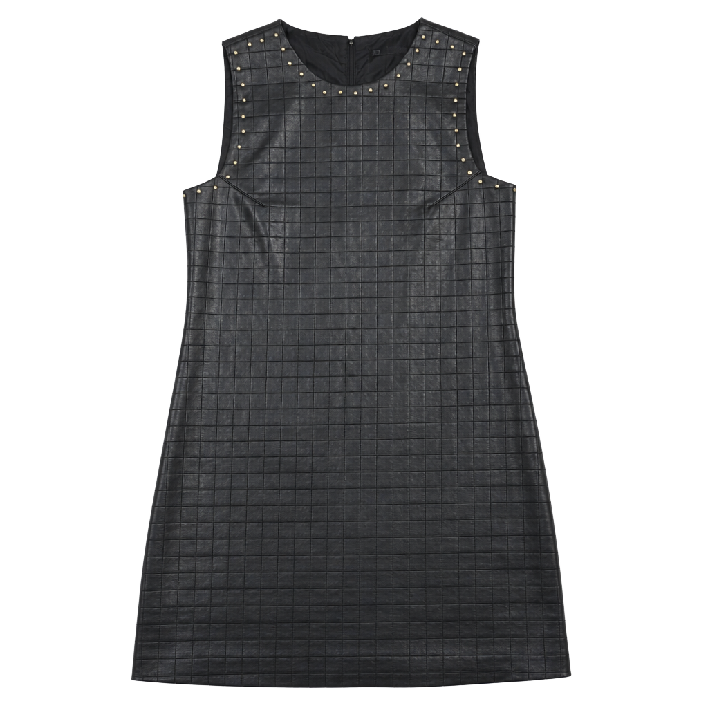 Zara Basic sleeveless black grid embossed faux leather dress w/ stud detailing 1