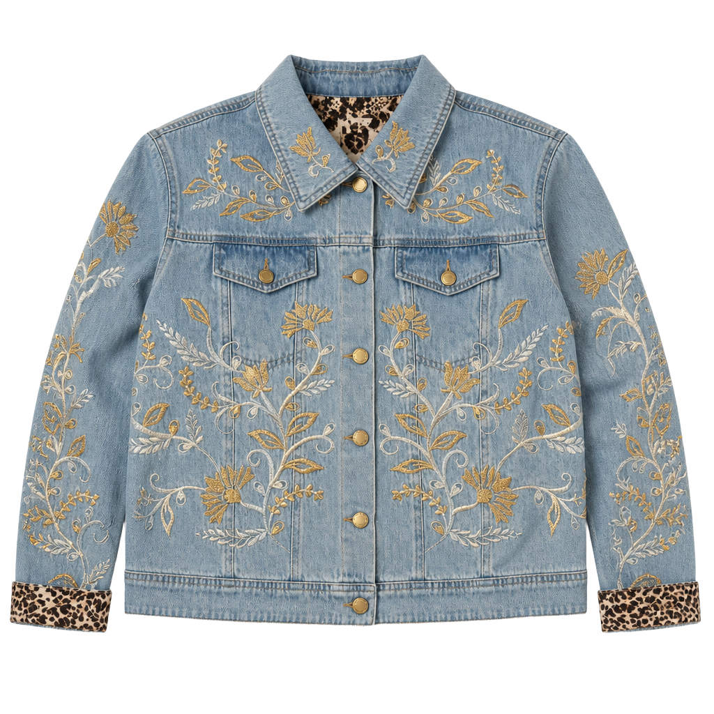 John Mark Women's Embroidered Denim Jacket with Metallic Floral Details 1