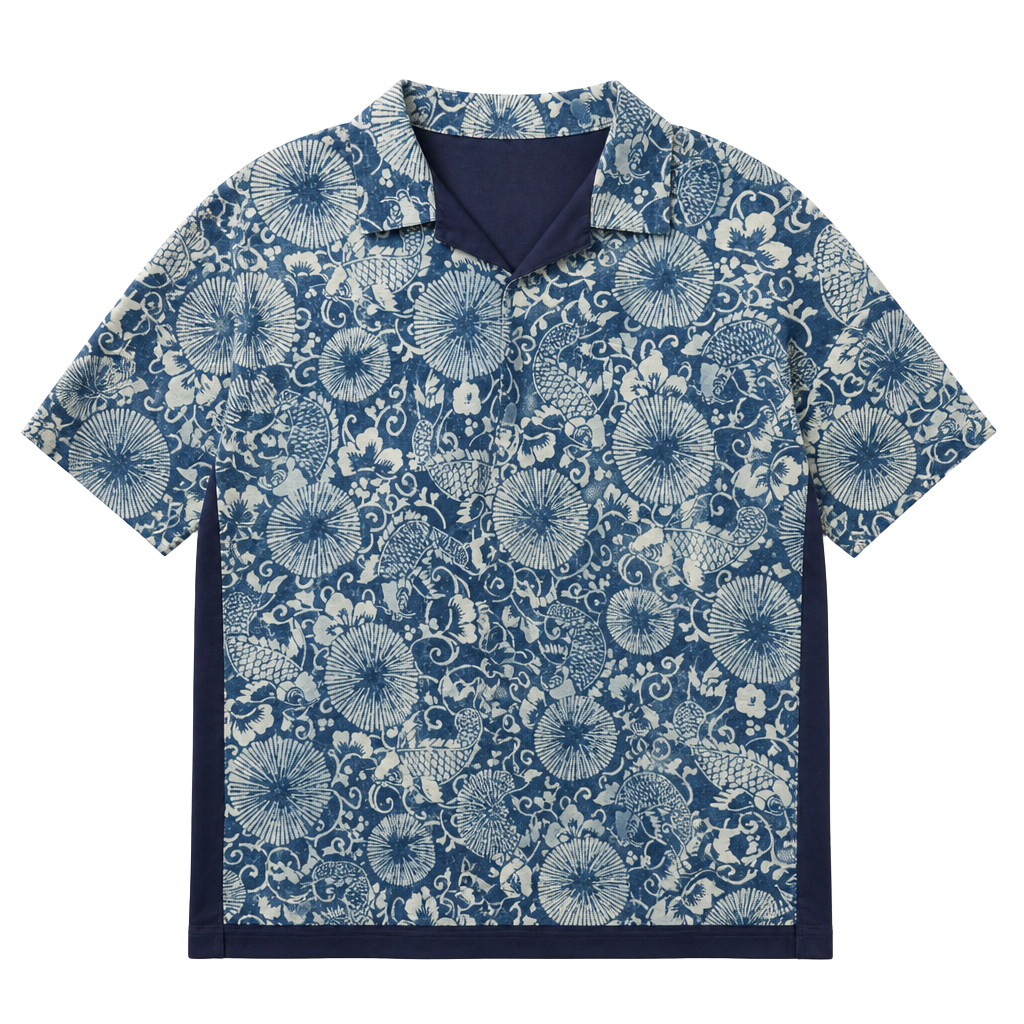 Tommy Bahama Blue Floral and Koi Fish Pattern Short Sleeve Button Up Shirt 1