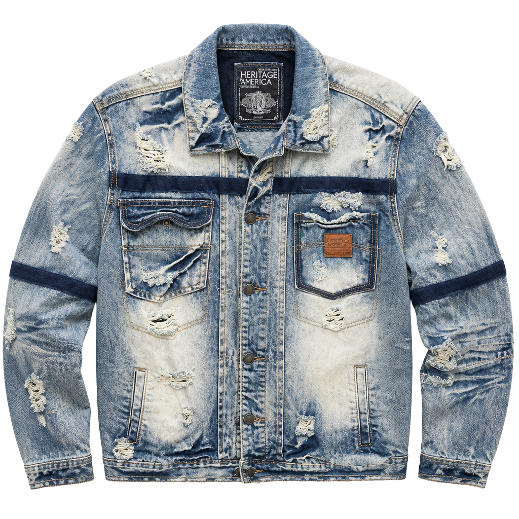 Heritage America Men's Distressed Washed Denim Trucker Jacket 1