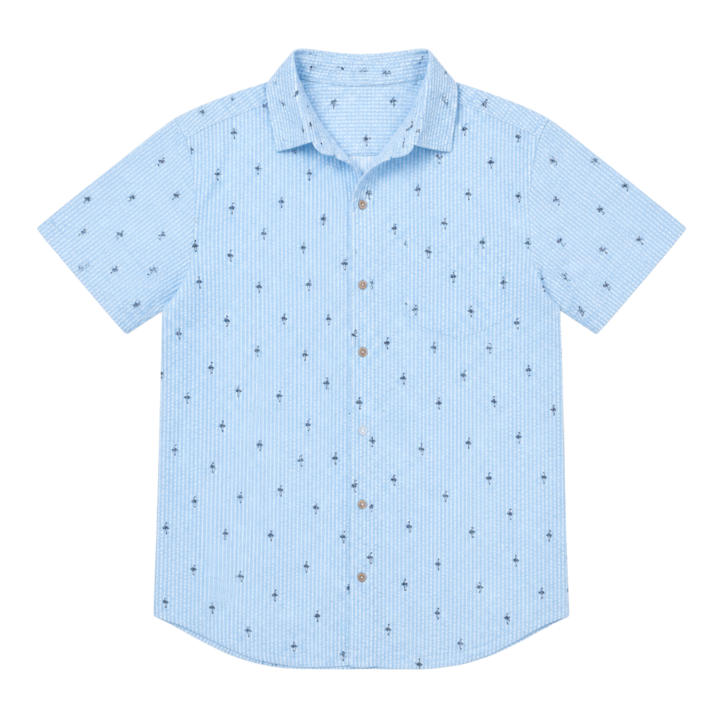 Weathergear Men's Blue Seersucker Short Sleeve Flamingo Print Button Down Shirt Size L 1