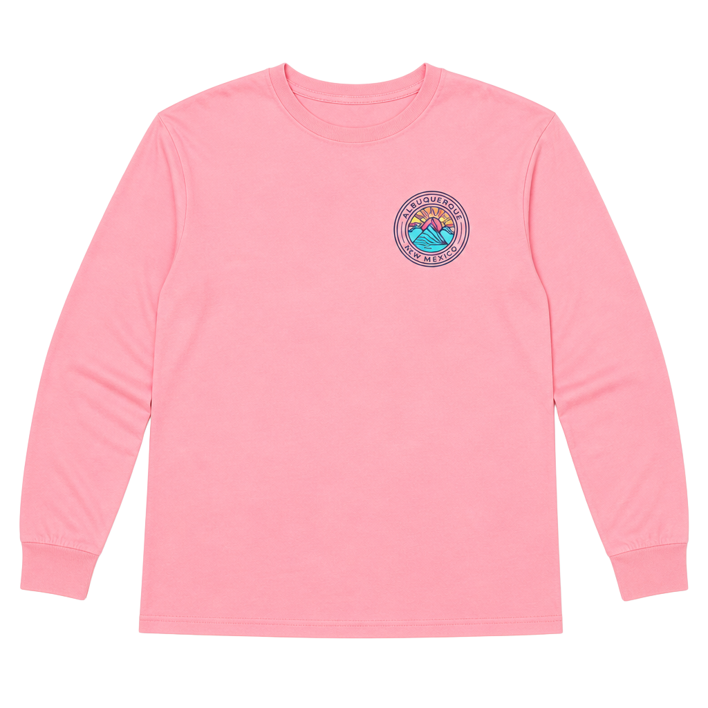 Blue 84 Albuquerque New Mexico Sun and Mountain Graphic Pink Long Sleeve T-Shirt 1