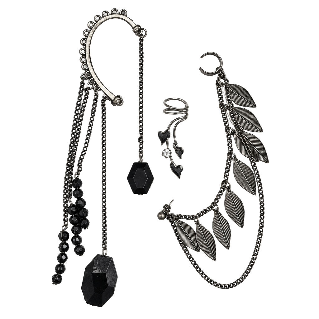 Gothic Ear Cuff Set Black Silver Chain Leaf Dangle 1