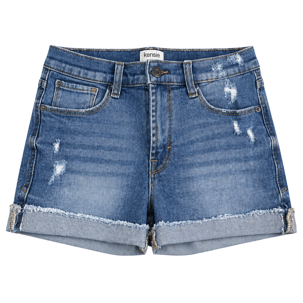 kensie The High Rise Short Size 4/27 Blue Denim Distressed Rolled Hem 1