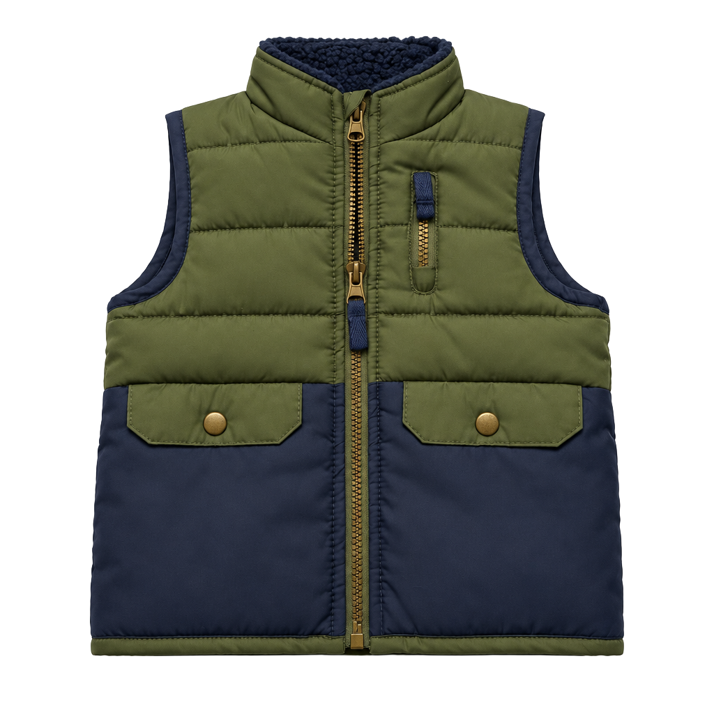 Little Lad Puffer Vest Size 3T Green Navy Sherpa Lined Zip Up 1