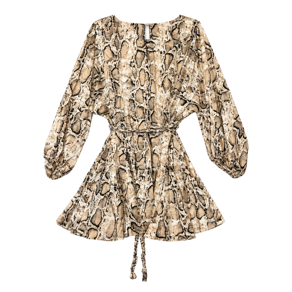 Aakaa Snakeskin Print Dress Size M Long Sleeve Beige Black 1