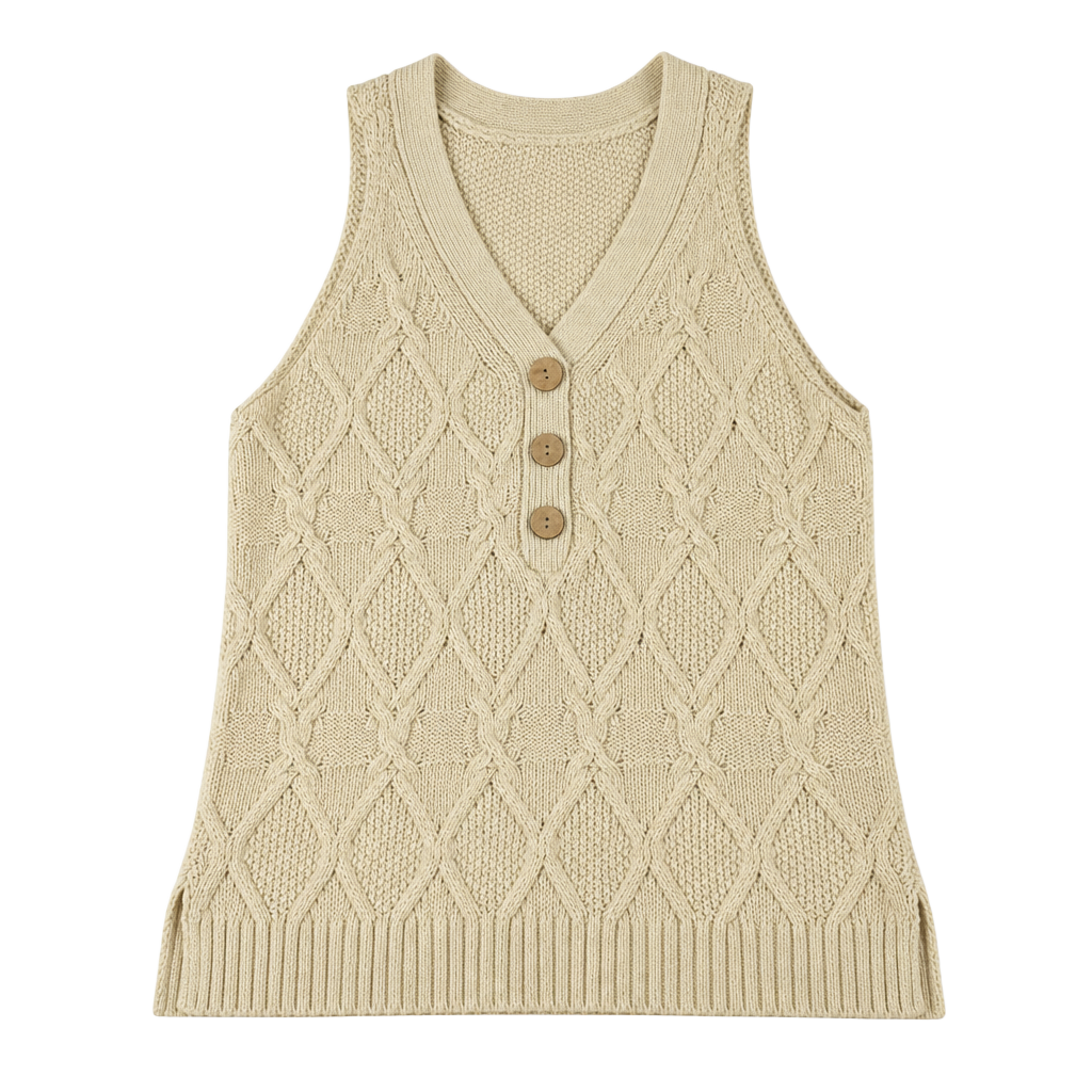 Tribal Beige Cable Knit Button Up V-Neck Tank Top Sweater Vest 1