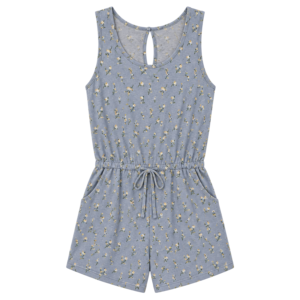 Hayzel Floral Romper Blue Yellow Sleeveless Drawstring Pockets 1