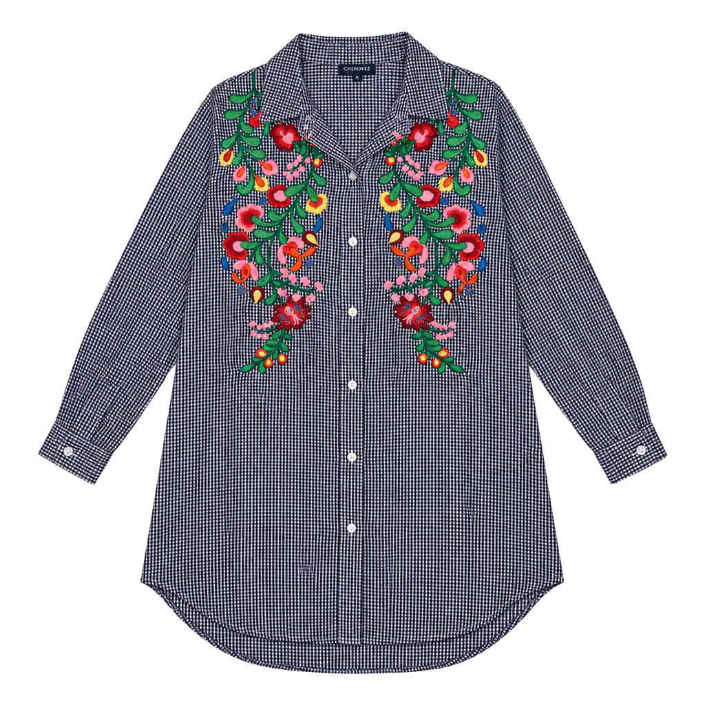 Chelsea & Theodore Floral Embroidered Gingham Tunic Shirt 1