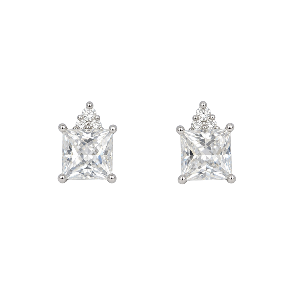 Moissanite Princess Cut and Round Duo Stud Earrings 1.50CTW 925 Sterling Silver 1