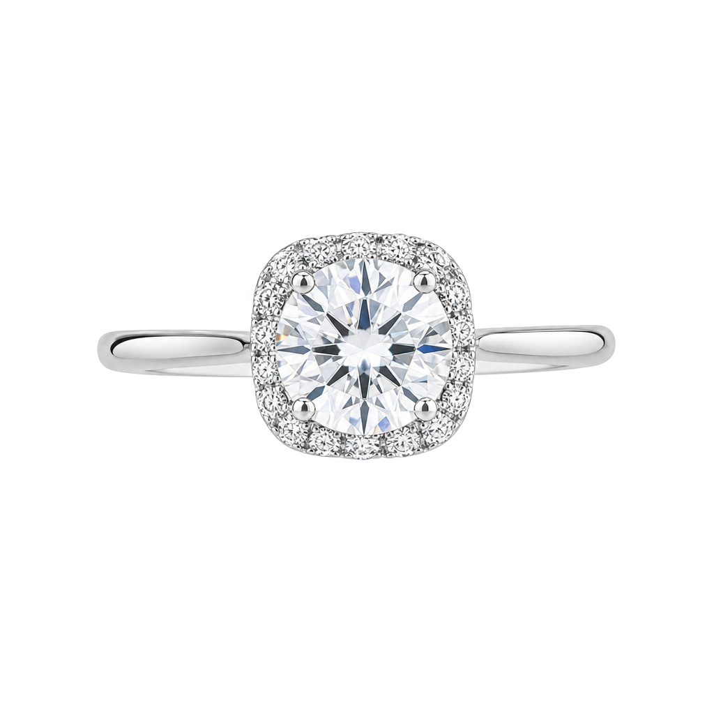 18K White Gold Plated Moissanite Halo Ring. Features a stunning 1.0ct 1