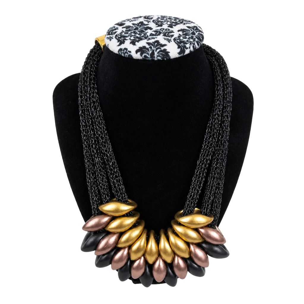 Chunky Statement Necklace Black Gold Metallic Bib Collar Boho 1