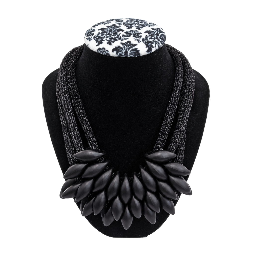 Chunky Black Statement Necklace Resin Petal Cluster Bib Collar 1
