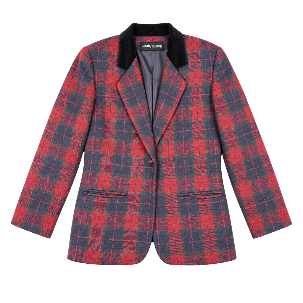 Vintage Sag Harbor Petite Plaid Wool Blazer Size 4 Velvet Collar Academia 1