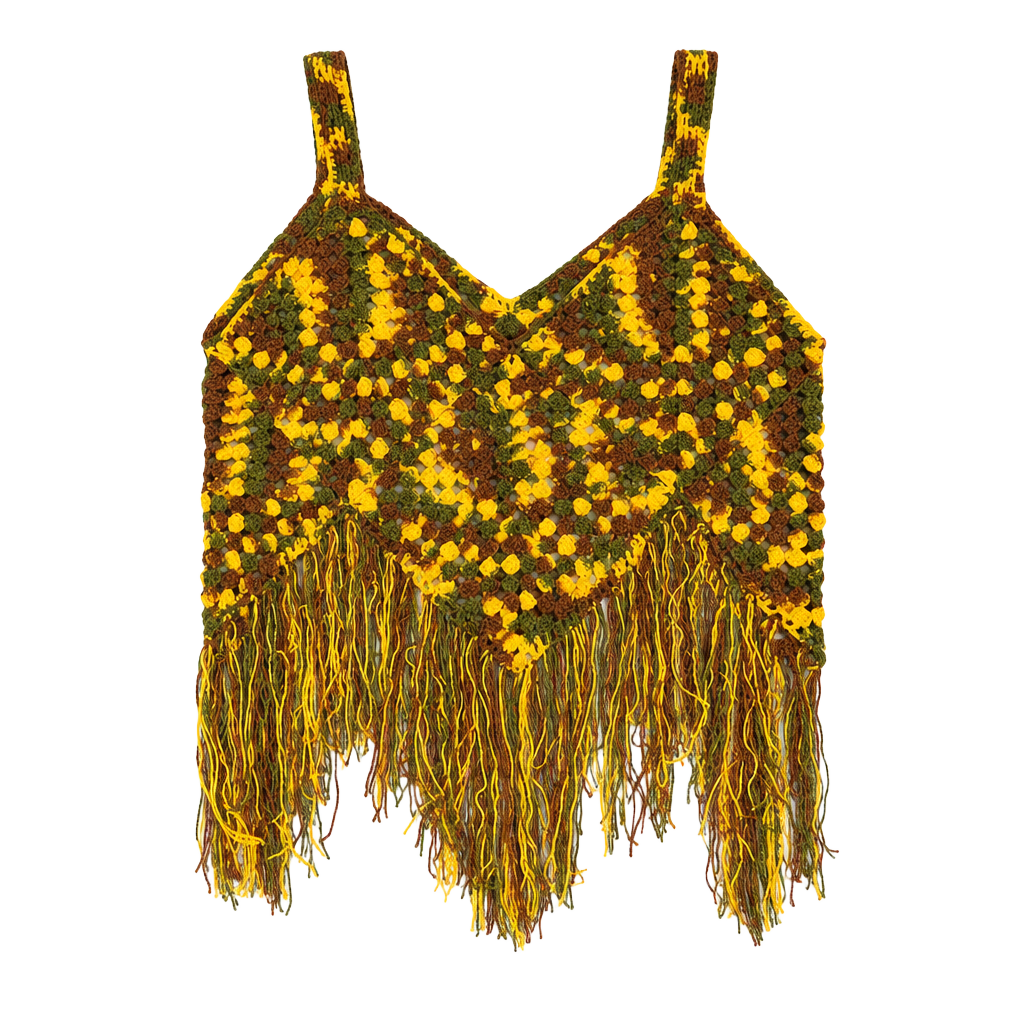 Y2K Boho Crochet Fringe Crop Top Brown Green Yellow Festival Cami 1