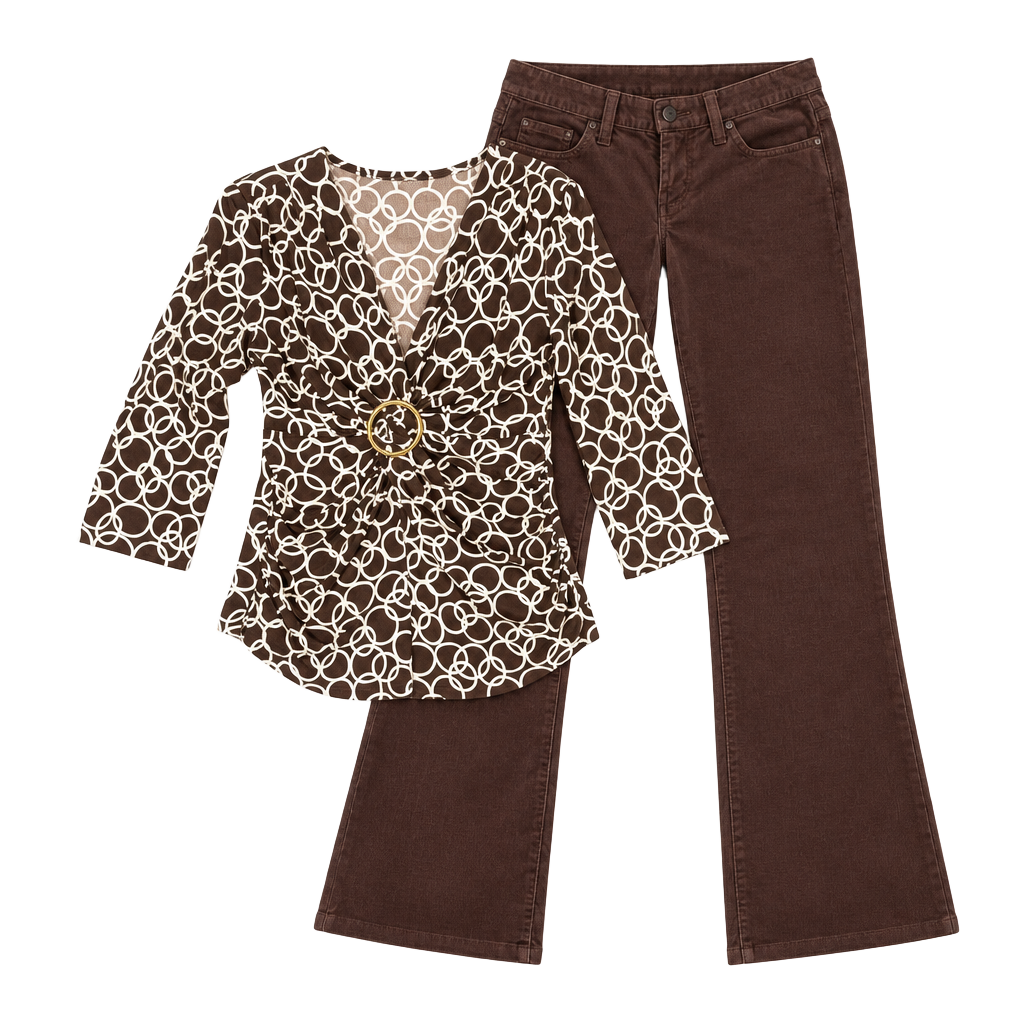 I.N. Studio Y2K Brown Geometric Ruched Buckle Top 3/4 Sleeve 1