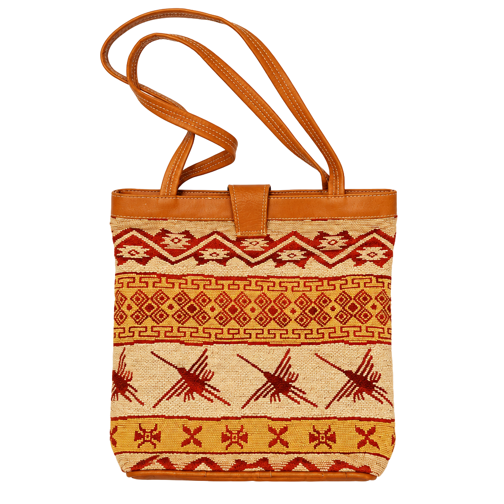 Vintage 1970s Woven Tapestry Boho Hippie Tote Bag Leather Trim 1