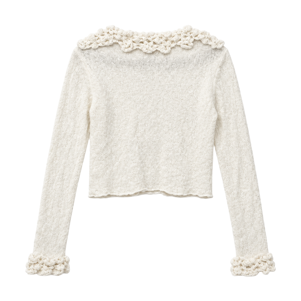 ZARA Mohair Wool Blend Sheer Knit Cropped Sweater with Ruffle Floral Neckline and Cuffs 1