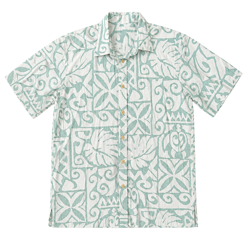 Makai Hawaii Men's Short Sleeve Cotton Hawaiian Shirt - Green and White Geometric Print 1