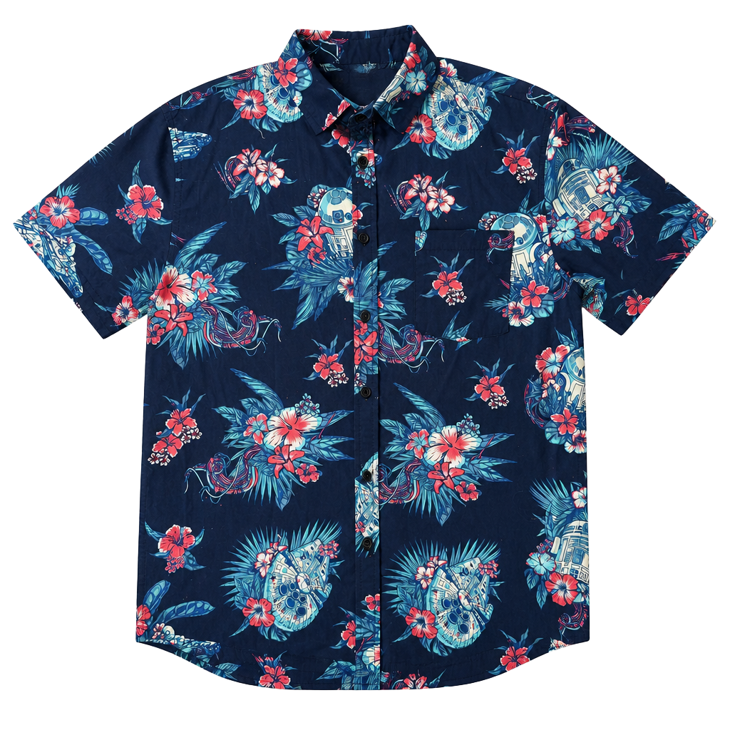 Star Wars R2-D2 and Millennium Falcon Floral Hawaiian Button-Up Shirt 1