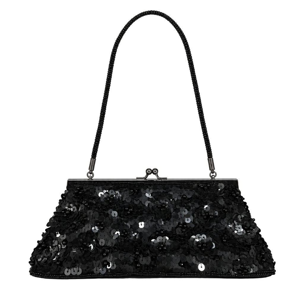 Vintage Black Sequin Kiss Clasp Evening Bag Handbag 1