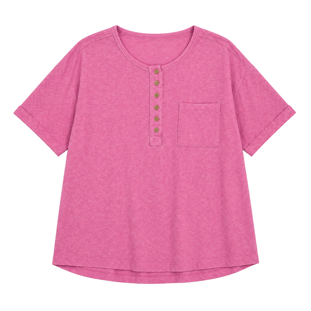 New In Henley Top Size M Pink Cotton Blend Short Sleeve Pocket Shirt 1