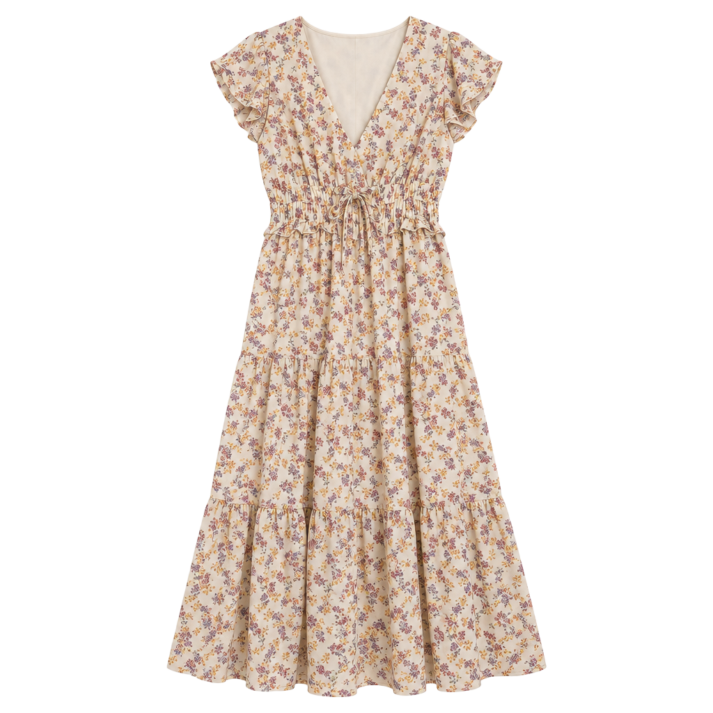 Dee Elly Floral Tiered Midi Dress Size L Beige V-Neck Ruffled Short Sleeve 1