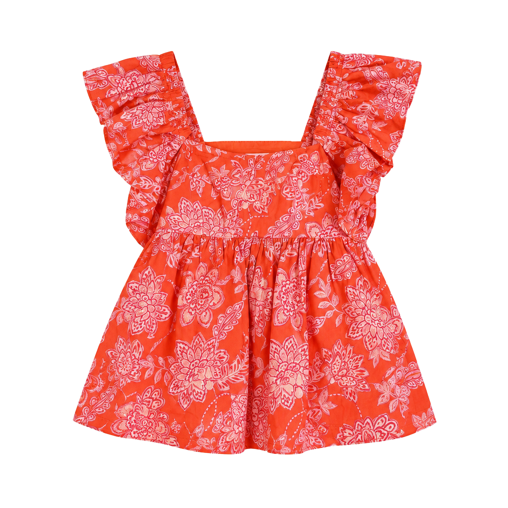 Olivaceous Stevie Top Size M Orange Pink Floral Ruffle Sleeve Square Neck 1