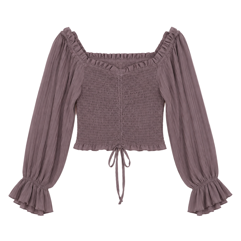 She + Sky Long Sleeve Smocked Blouse Size L Mauve Cropped Top 1