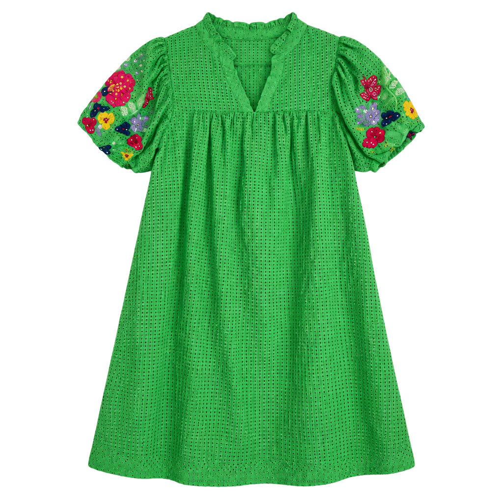 Umgee Embroidered Floral Tunic Dress Size S Green Short Sleeve 1