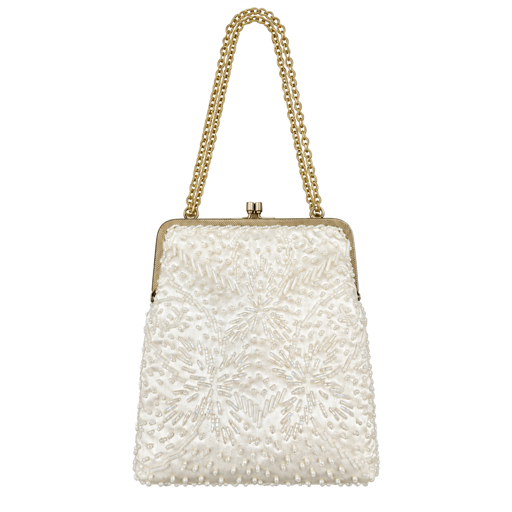 La Regale LTD Vintage Beaded Evening Bag White Gold Chain Kisslock 1