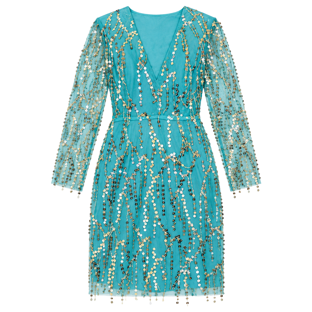 NWT Southern Fried Chics "Magic Mirror" Teal Sequin Fringe Cocktail Dress Sz Sm 1
