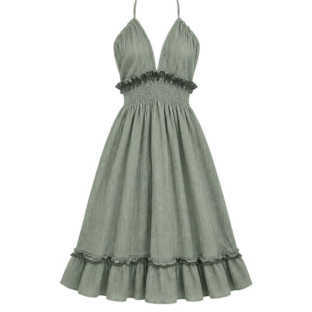 Moss Green Stretch Crinkle Tie Back Halter Dress w Ruffles Adjustable Sz M/XL 1