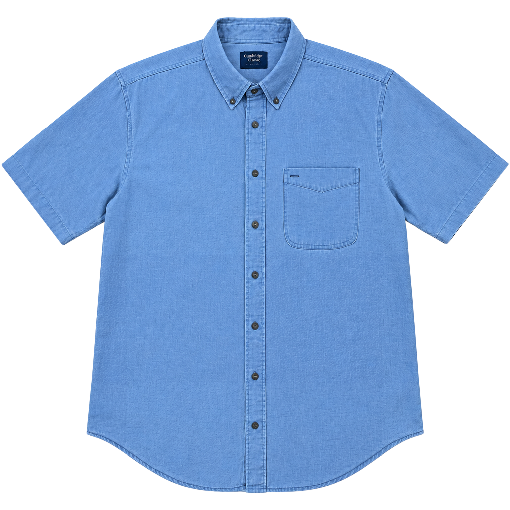 Vintage Cambridge Classics Men's Short Sleeve Button down Shirt Denim like Sz L 1