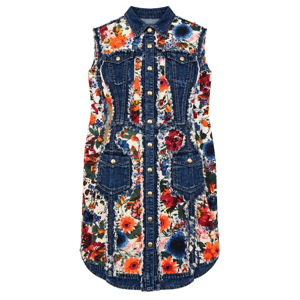 ADORE Distressed Denim Floral Duster Jacket Dress Artsy Boho Western Large EUC 1