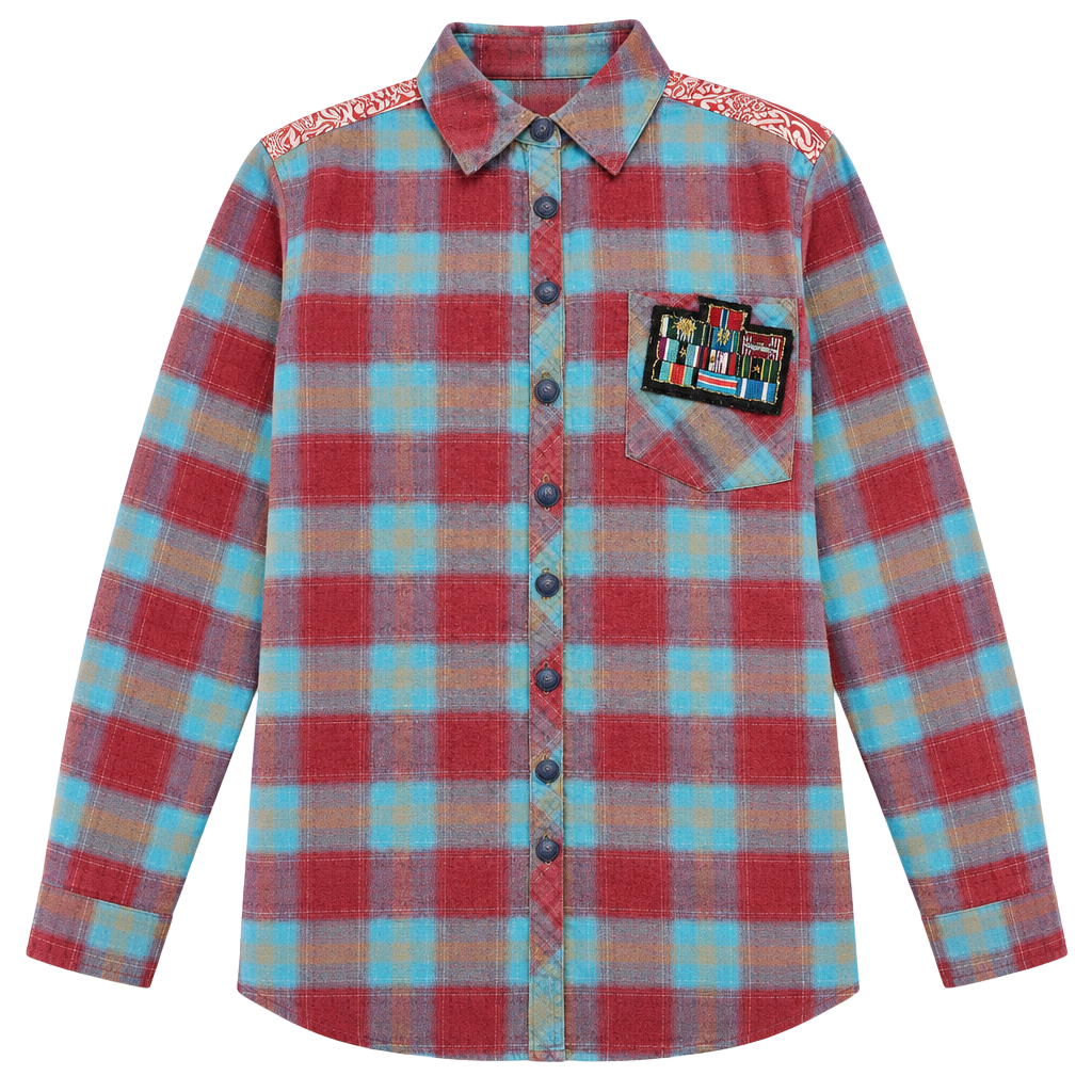 Aratta Pink & Blue Boho Plaid Button Down w Beautiful WaterColor Seascape Sz S 1