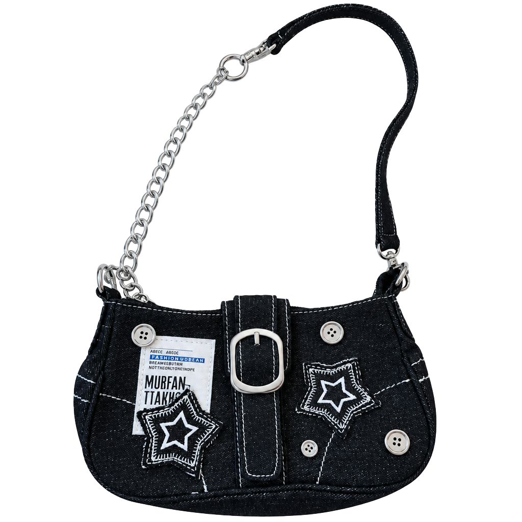 Y2K-Style Grunge Retro Denim Star Shoulder Hobo Bag Buckle Strap Silver Chain 1