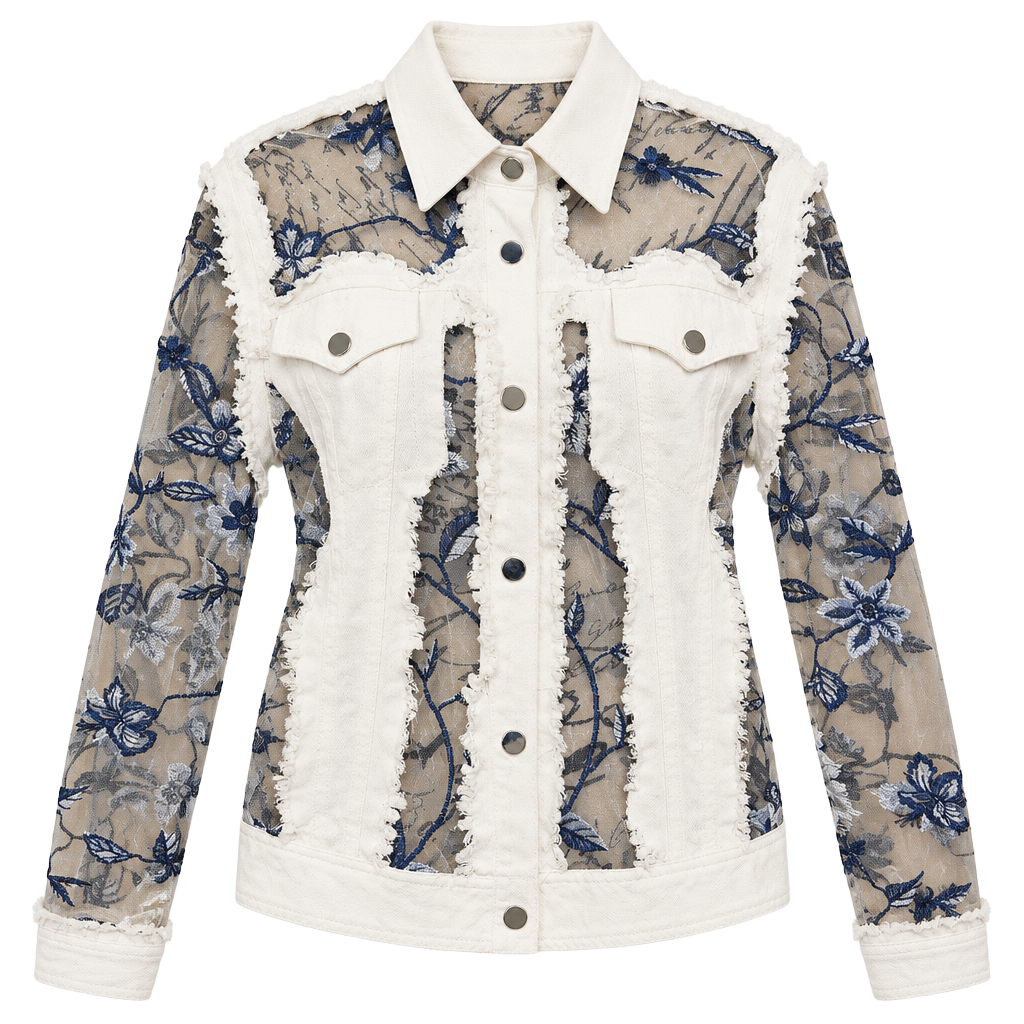 Gorgeous ADORE Pristine White Denim Jacket w Blue Floral Embroidered Sheer Sz L 1
