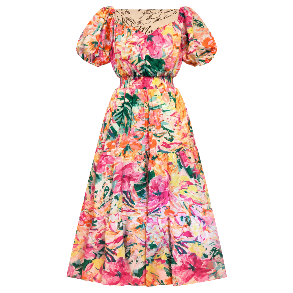 Flying Tomato Vibrant Watercolor-inspired Floral Puff Sleeve Tier Skirt Dress S 1