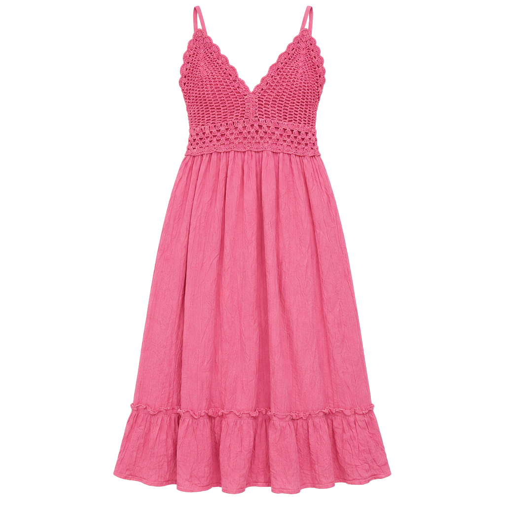 Charlotte Russe Beautiful Hot Pink Crochet Halter Ruffled Crinkle Dress Size XL 1