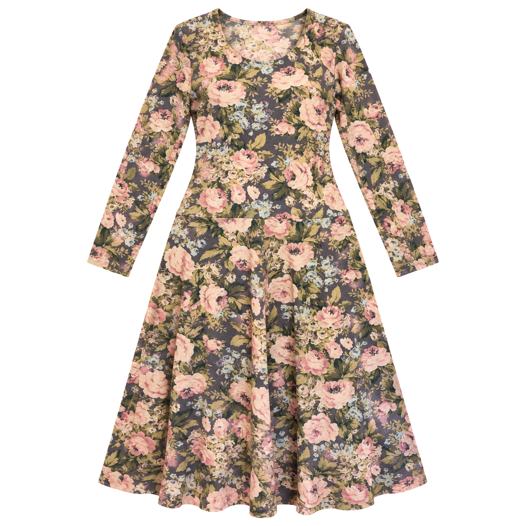 Vintage Ellen Hart Originals Grey Flower pattern Stretch Dress W Shoulder Pads P 1