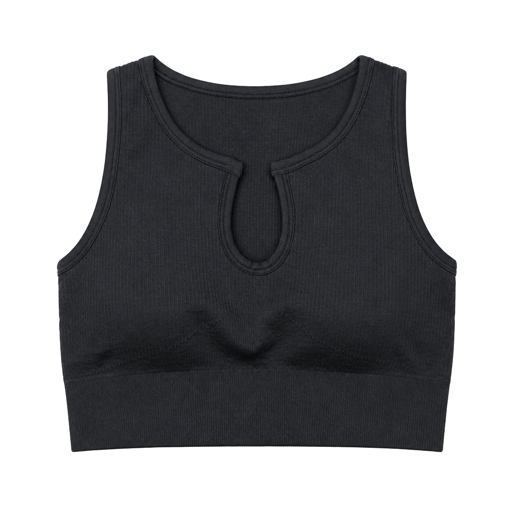 OQQ Seamless Ribbed Keyhole Sports Bra Size S Black Crop Top 1