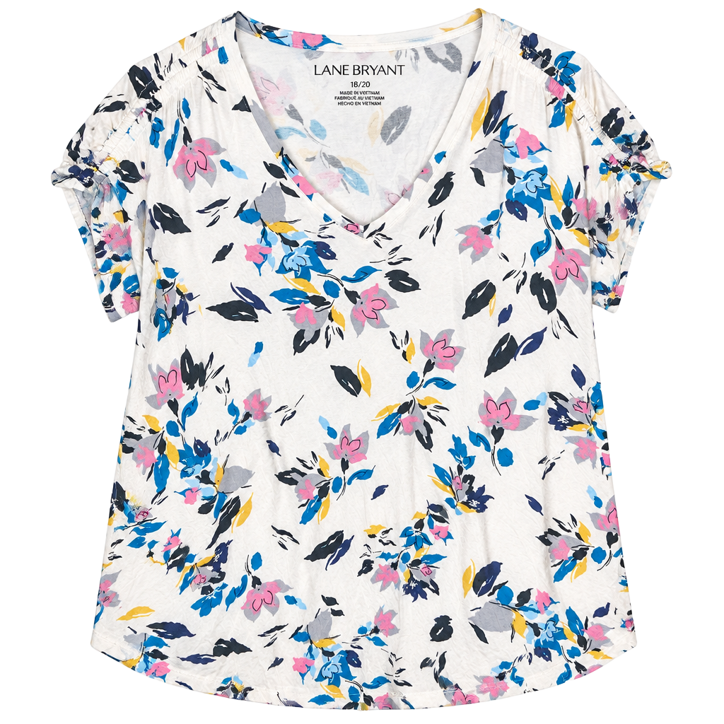 Lane Bryant White Multi-Color Floral V-Neck Ruched Short Sleeve Top Size 18/20 1