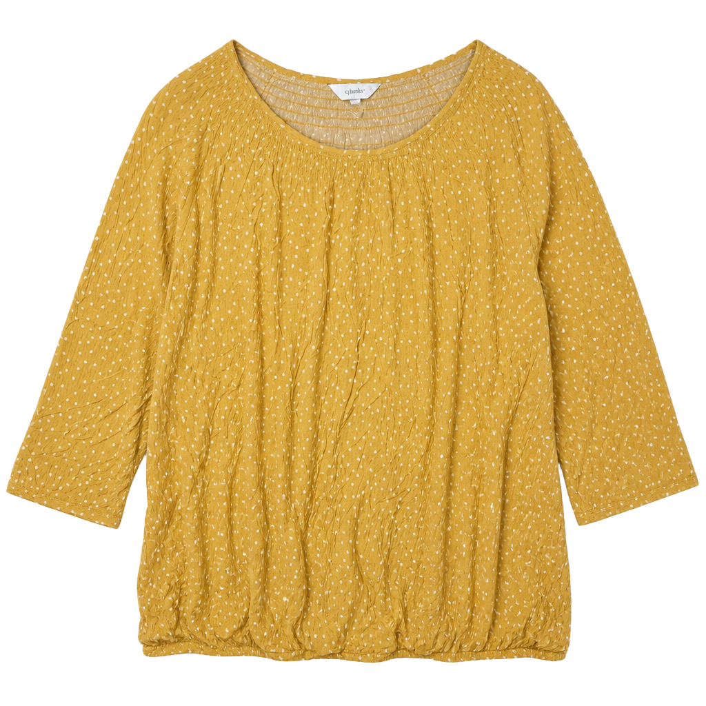 CJ Banks Mustard Yellow Polka Dot Smocked Neck Blouse 2X 1